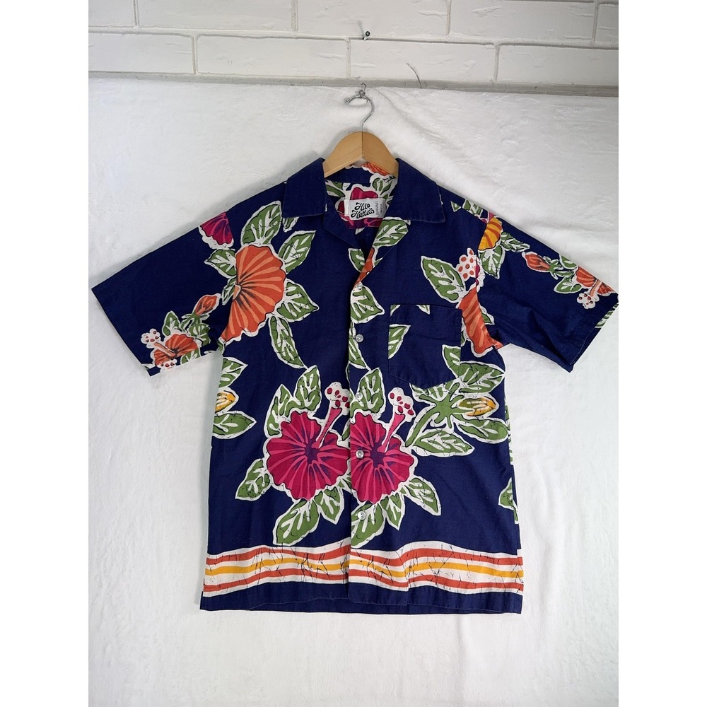Hilo Hattie Shirt Mens Large Blue Hawaiian Hibiscus Aloha Button Front Camp